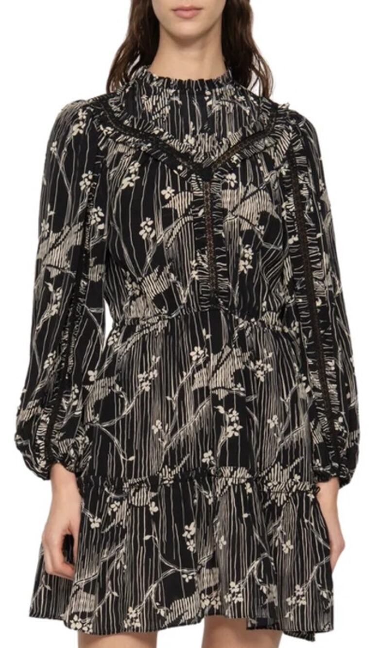 Sea New York Sunniva Mini Dress Black Beige Floral Print Size XS Boho Neutral